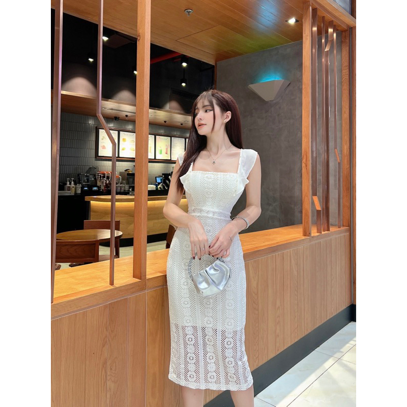 Hàng TK Đầm ôm body kem nude dáng dài 2 dây bản to cánh tiên, váy tiểu thư hotgirl sang trọng quý phái đi chơi dự tiệc