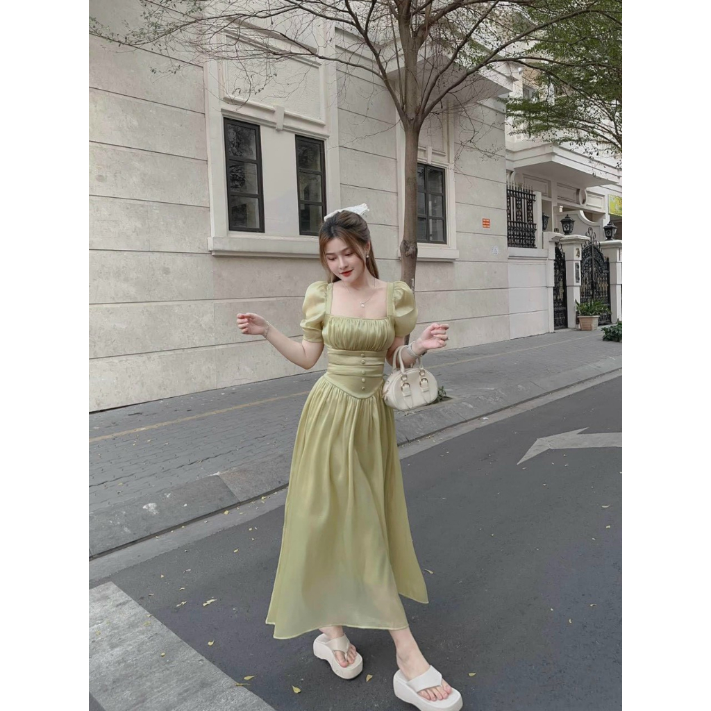 [FreeShip 2023] Đầm midi nữ dáng xòe,váy đầm thiết kế nhún ngực ôm eo nút bọc cực xinh chất voan ánh tơ cao cấp