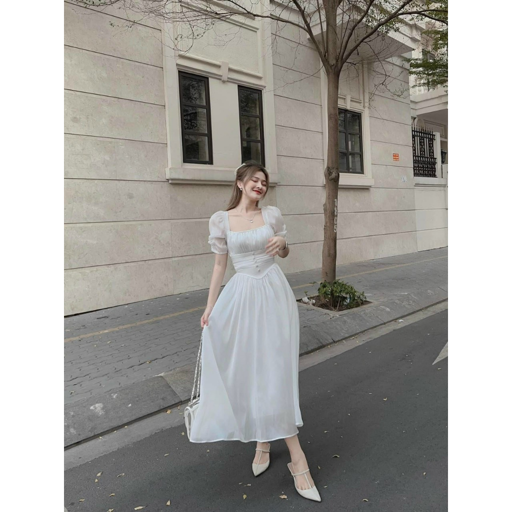 [FreeShip 2023] Đầm midi nữ dáng xòe,váy đầm thiết kế nhún ngực ôm eo nút bọc cực xinh chất voan ánh tơ cao cấp