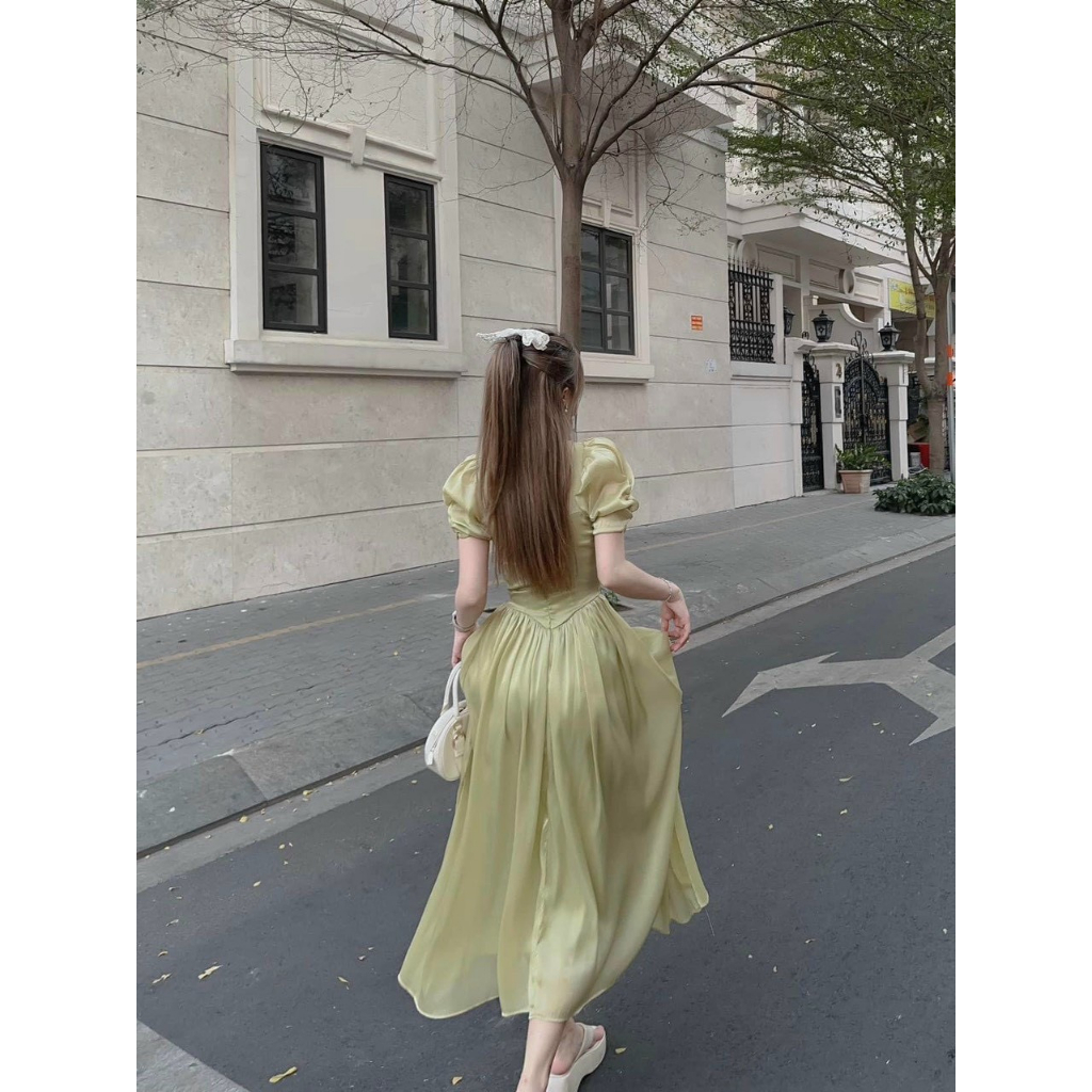 [FreeShip 2023] Đầm midi nữ dáng xòe,váy đầm thiết kế nhún ngực ôm eo nút bọc cực xinh chất voan ánh tơ cao cấp