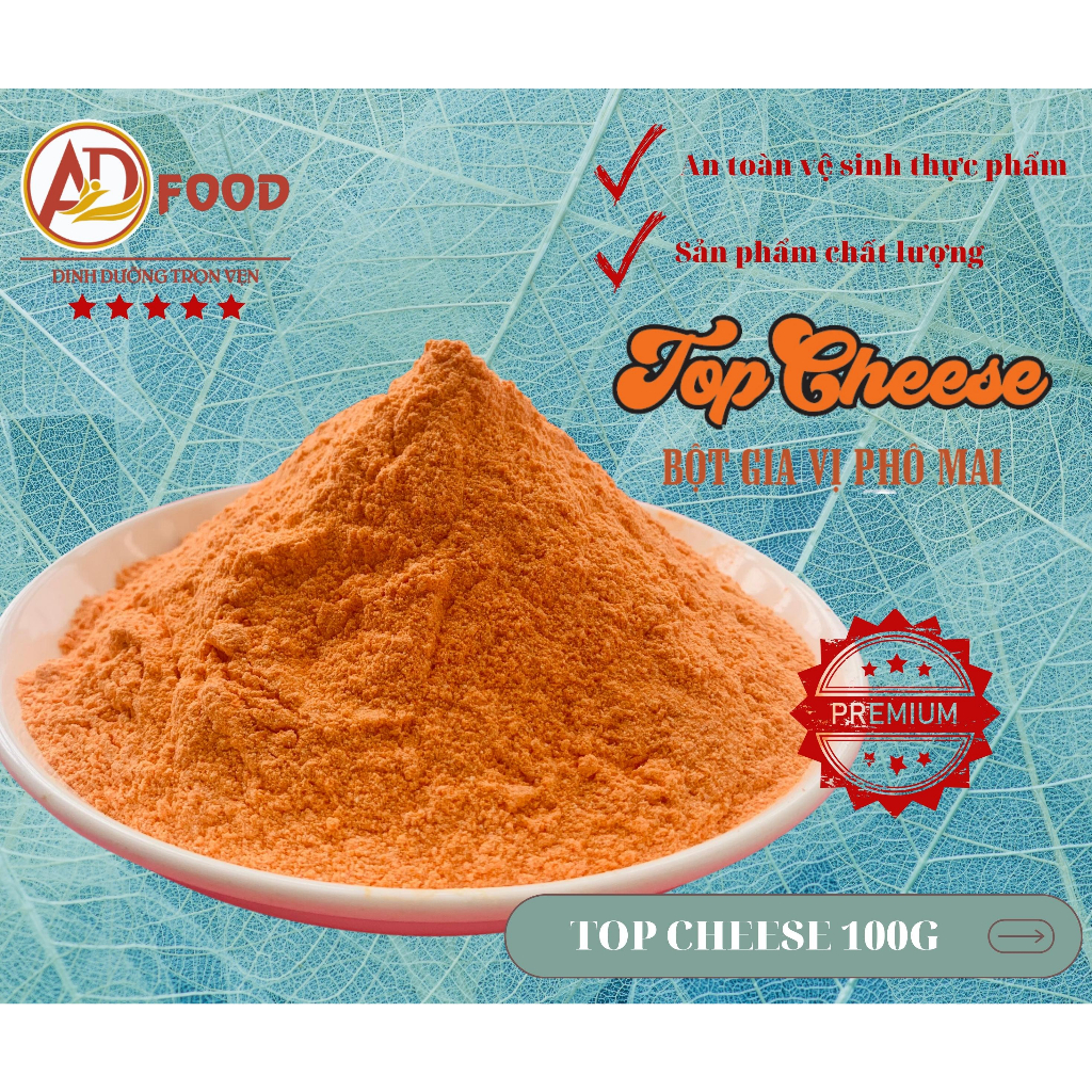 100g Bột phô mai Top Cheese phân loại 2 vị, vị mặn thơm béo đặc trưng của phô mai, vị ngọt béo ngậy đậm vị, chuyên lắc