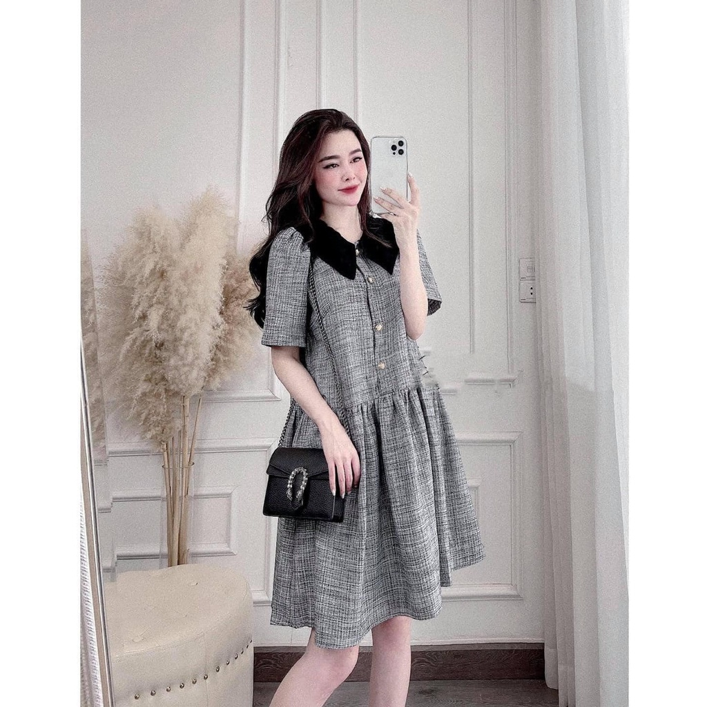 Váy Bầu Đầm Bầu Thiết Kế Cộc Tay Cổ Sen Cực Xinh, Chất Dạ Cao Cấp Mặc Mềm Mát Thoải Mái