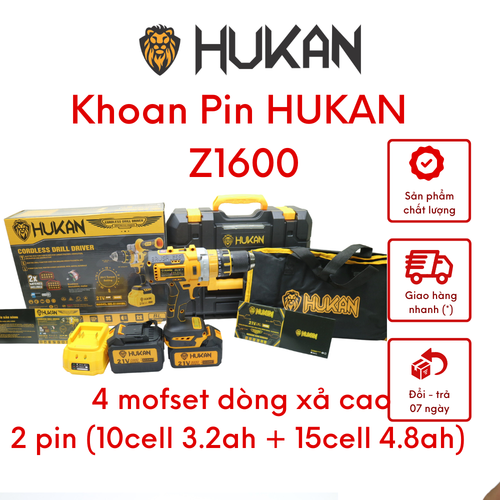 Máy khoan pin HUKAN Z1600 21V Full hộp Lực Siết 100 Nm, Không Chổi Than