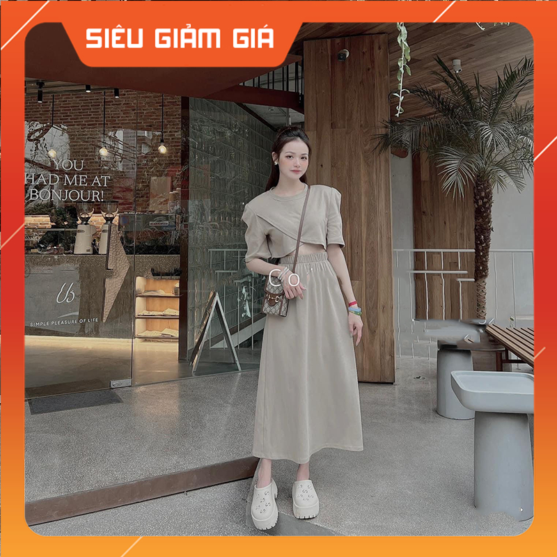 Set Váy Áo Nữ Áo Vạt Chéo Croptop Mix Chân Váy Cạp Chun Dáng Dài SB4048 - Teen888