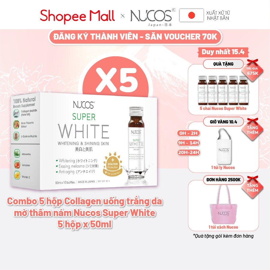 Combo 5 hộp collagen uống trắng da mờ thâm nám Nucos Super White 50ml x 5 x 10 chai