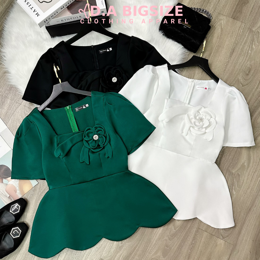DA BIGSIZE - Áo Kiểu Nữ Bigsize , Áo Peplum Cổ Vuông Hoa Ngực Tay Ngắn Chất Tafta 2 Lớp Dành Cho Người Mập 50-90kg