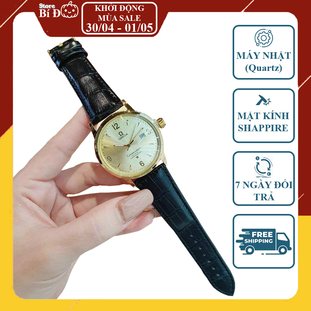 Đồng hồ nam OMEGA máy nhật, kính shaphire, chống nước, kim trôi, size 42mm, dây da CAO CẤP
