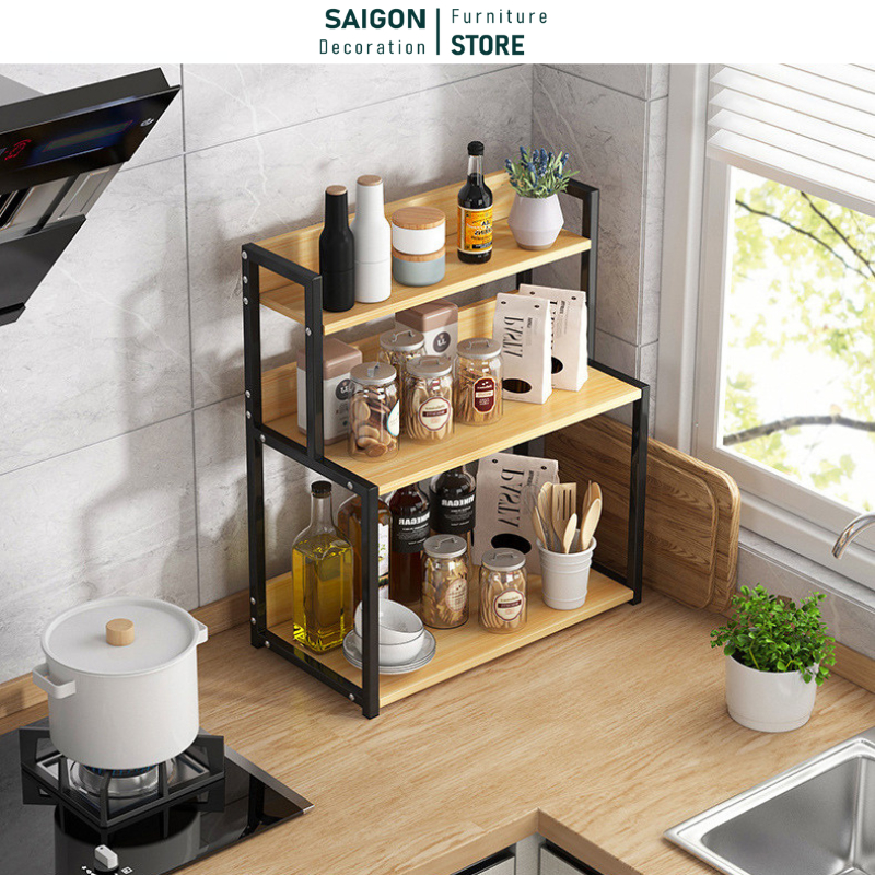 Kệ nhà bếp, kệ để gia vị khung sắt sơn tĩnh điện mặt gỗ chống nước sắp xếp không gian bếp gọn gàng - SGM04