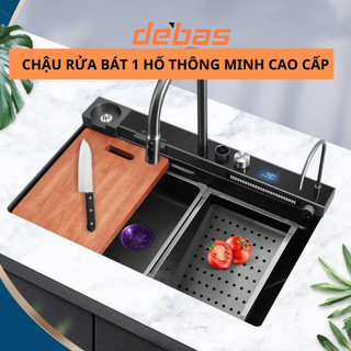 Chậu rửa bát 1 hố to kèm vòi dải nước thác nước tích hợp hiển thị nhiệt độ thông minh inox 304 Debas 7645