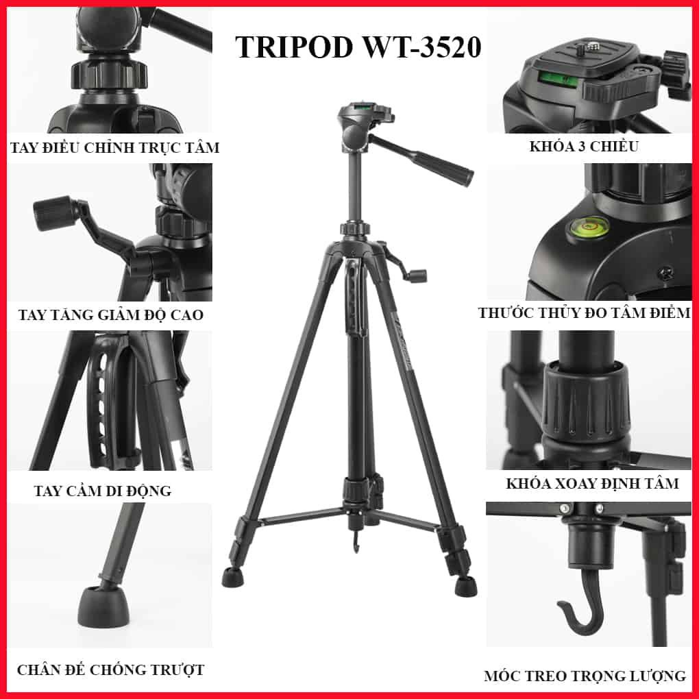 Chân Máy Ảnh, Tripod Weifeng Chân Điện Thoại WT-3520 Cao 1,4m Khung Hợp Kim Chịu Tải 3kg Tặng Kèm Kẹp Điện Thoại