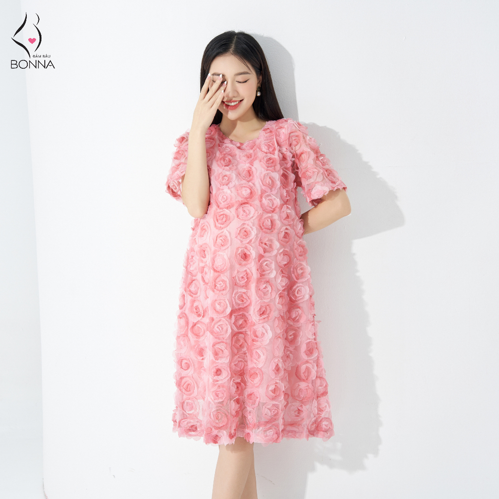 Đầm bầu thiết kế BONNA chất ren hoa nổi cao cấp lót lụa mềm mại, dáng suông rộng rãi thoải mái, nhẹ nhàng, nữ tính VS348