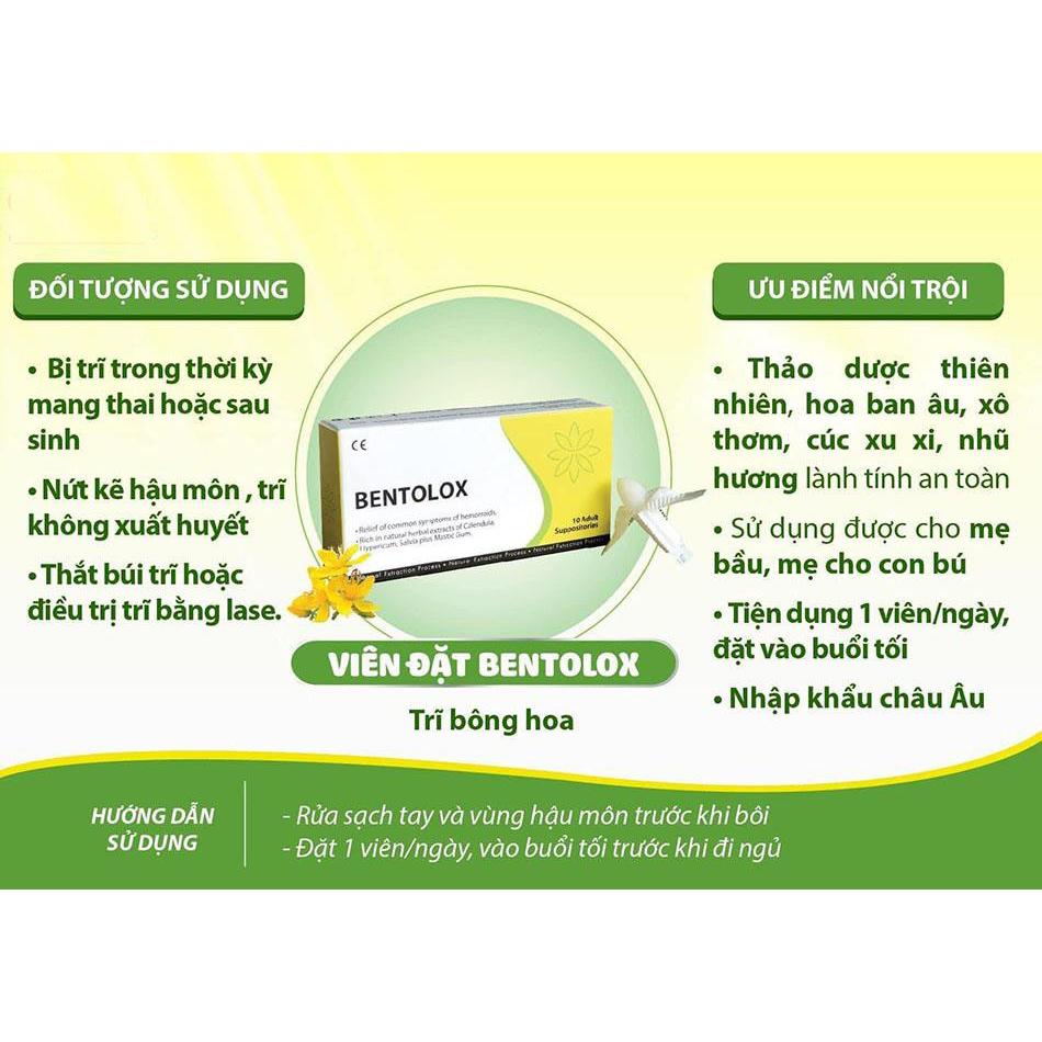 Viên đặt Bentolox hộp 10 viên - Làm búi trĩ săn se và co lên nhanh, hiệu quả, làm mềm, dịu và giữ ẩm
