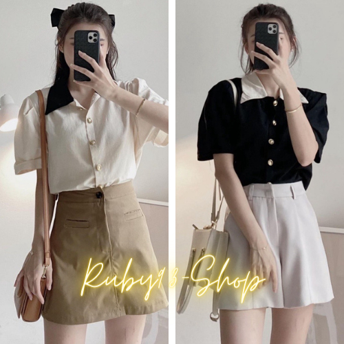Áo sơ mi tay bồng phong cách Hàn Quốc,Áo sơ mi tay bồng phối cổ cúc đồng chất linen 2 màu style ulzzang