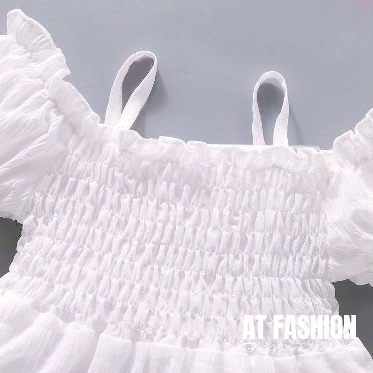 MCBB 9-24Kg Váy Cho Bé Gái Hai Dây Tay Bồng Trơn Đầm Công Chúa Bé Gái Váy Trẻ Em Nữ Váy Trắng Hồng Tiểu Thư 1-18 Tuổi Bộ