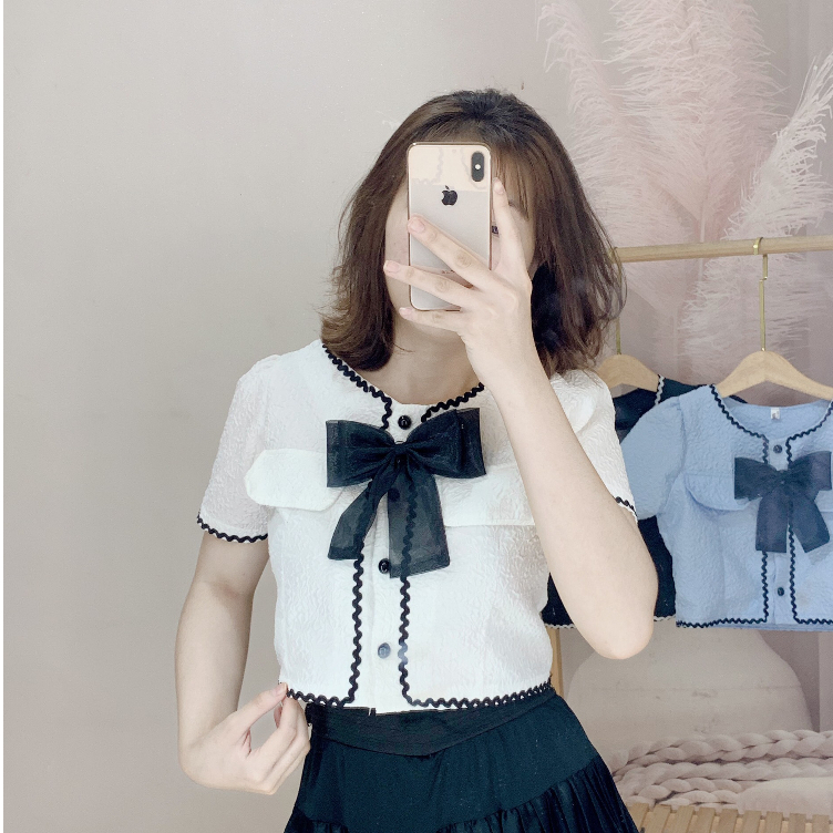 Áo croptop cổ tròn viền zic zắc,áo cổ tròn đính nơ nút ngọc tay ngắn tiểu thư