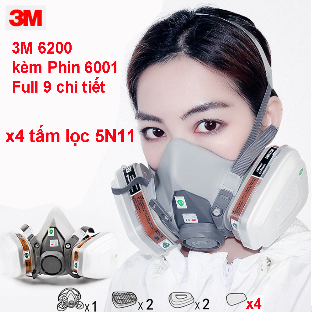 Bộ Mặt nạ khẩu trang phòng độc 3M 6200 kết hợp Phin lọc 3M 6001 + kính hoá chất, mặt nạ sơn chống độc phun thuốc trừ sâu