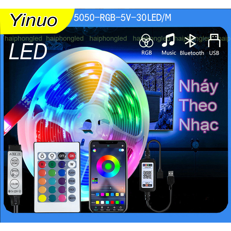 Đèn led RGB 5m nháy theo nhạc 16 triệu màu điều khiển qua app điện thoại chip led siêu sáng 5050 bọc silicon chống nước