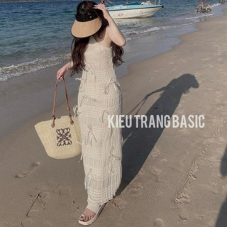Dầm MAXI , Váy xuông cổ yếm nơ dáng dài chất voan tơ phối nơ đi dự tiệc đi chơi sang chảnh_SB111`