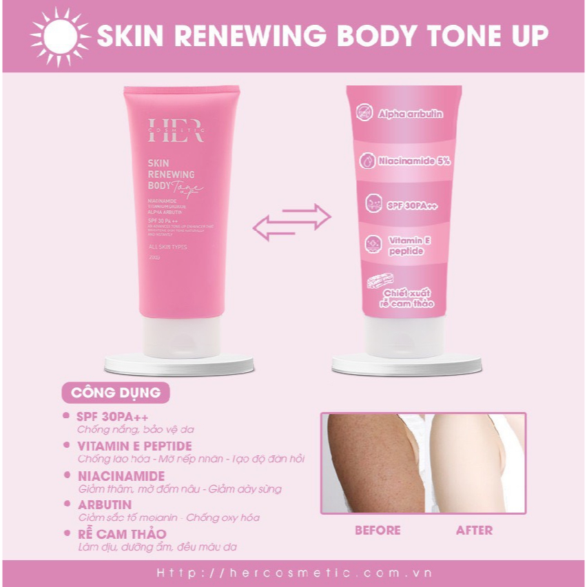 Kem Body Skin Renewing Body Tone Up SPF 30 PA ++ Hercosmetic Ban Ngày, NIACINAMIDE,ALPHA ARBUTIN, Dưỡng Trắng Tuýp 200gr