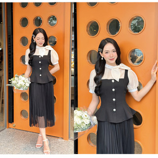 Áo peplum cúc ngọc cổ nơ