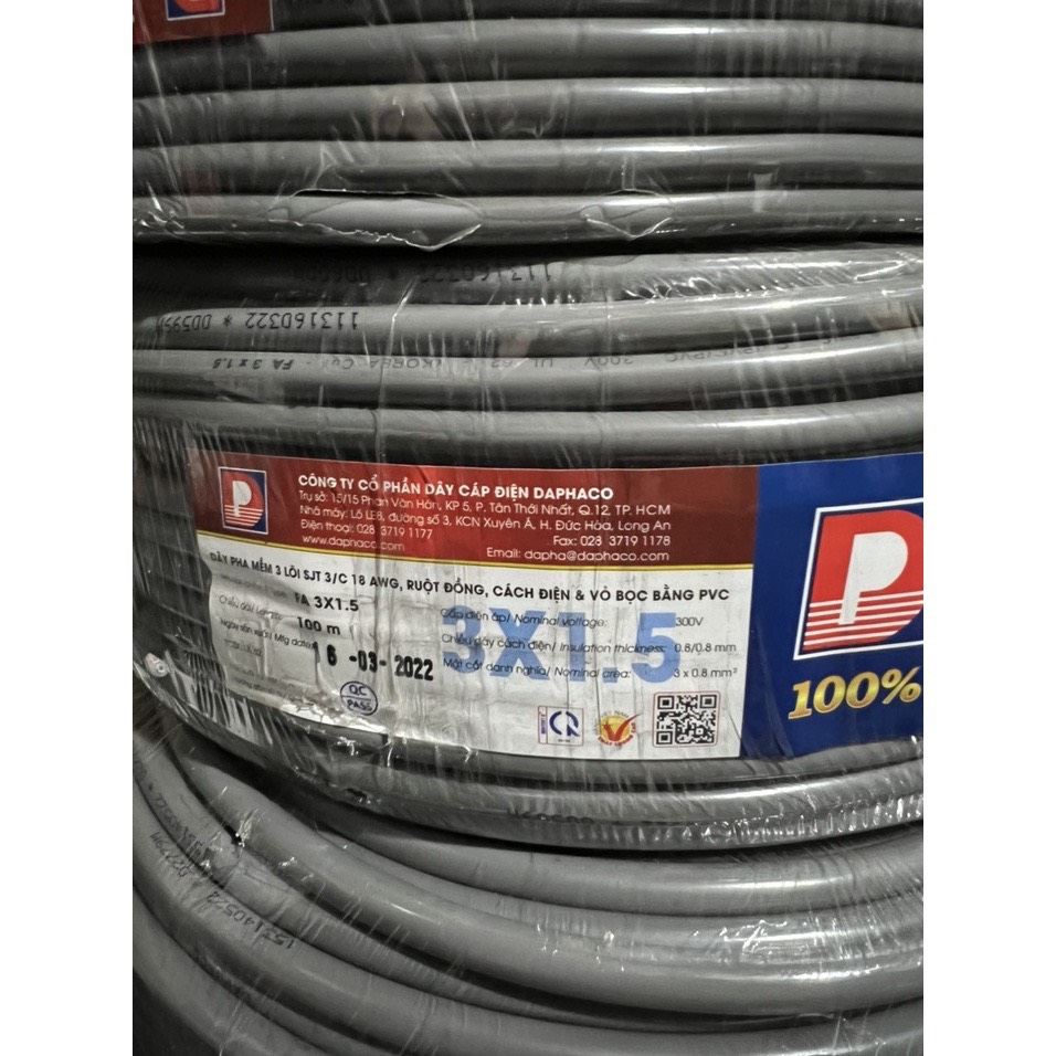 Cuộn 100M Dây Điện 3 Lõi 3x1.5 DAPHACO Tròn XÁM- Hàng Chính Hãng LÕI 3X0.8 MM2