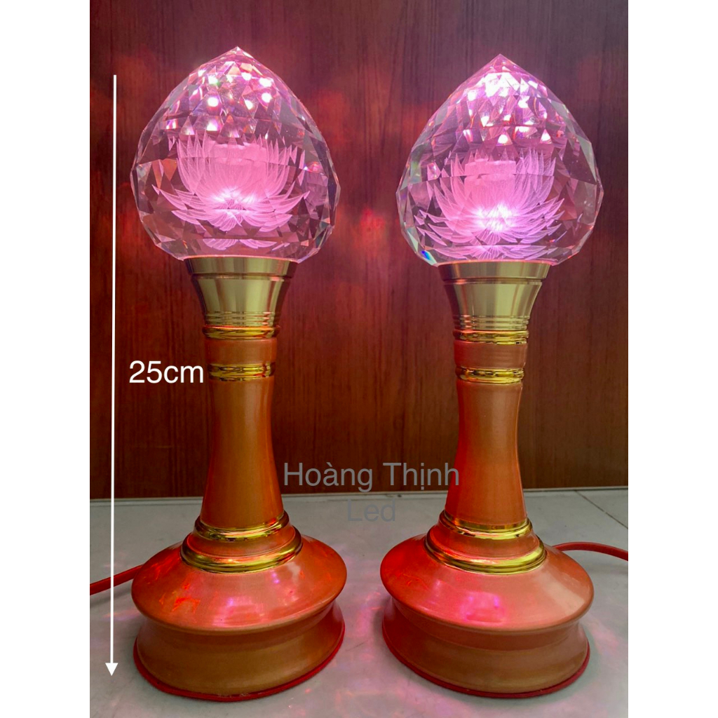 Đèn thờ pha lê đổi màu quả đào có hoa sen ở giữa, 21cm/ 25cm - nhiều chế độ sáng- đèn thờ 7 màu