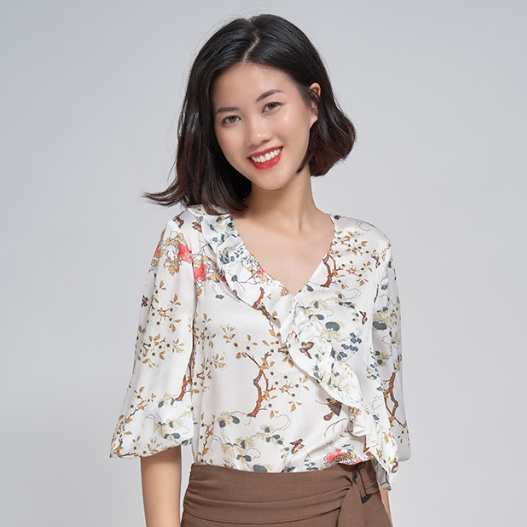 Áo sơ mi kiểu nữ cổ V tay bồng, chất lụa cao cấp HeraDG SAK20036