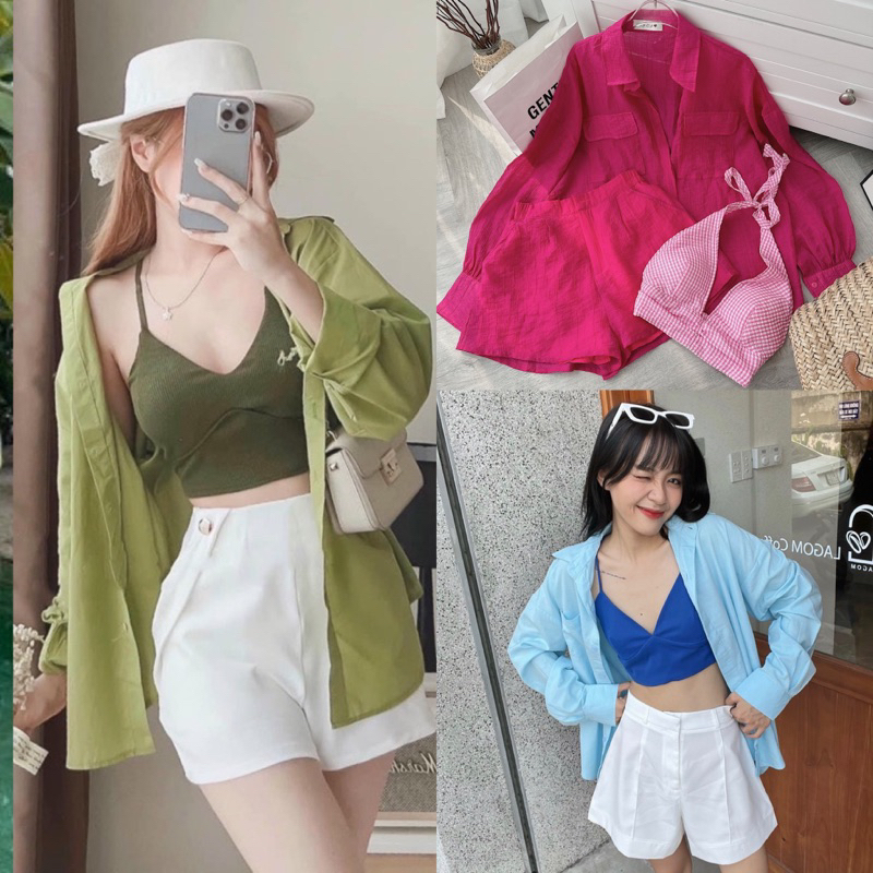 Set 3 món: áo sơ mi xanh + croptop bra 2 dây + quần shorts trắng nút (về thêm loại bra yếm)