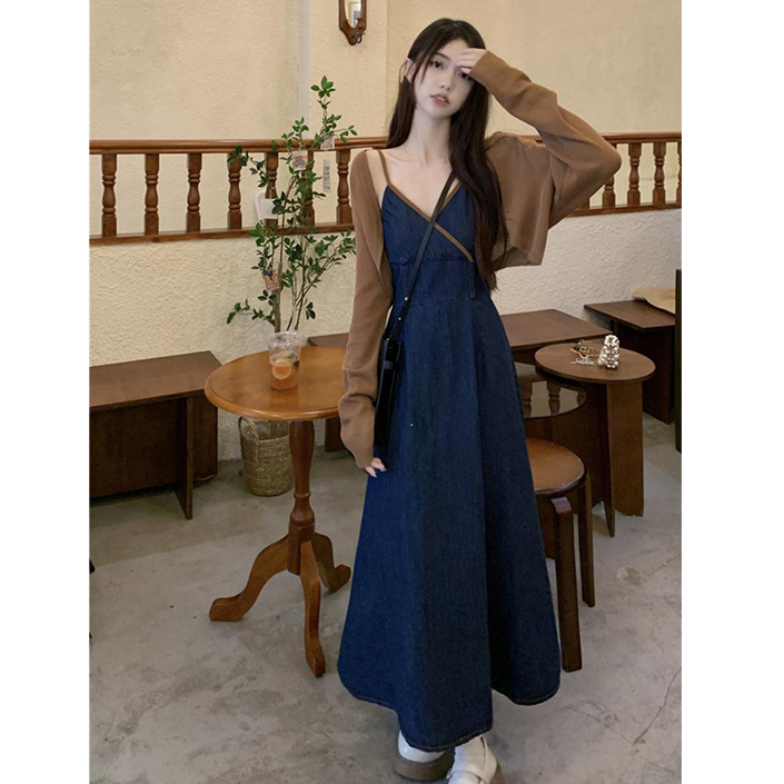 Đầm denim mềm dáng dài 2 dây phong cách retro Páp, váy jean denim 2 dây kết hợp áo cardigan thời trang Hàn Quốc 6067
