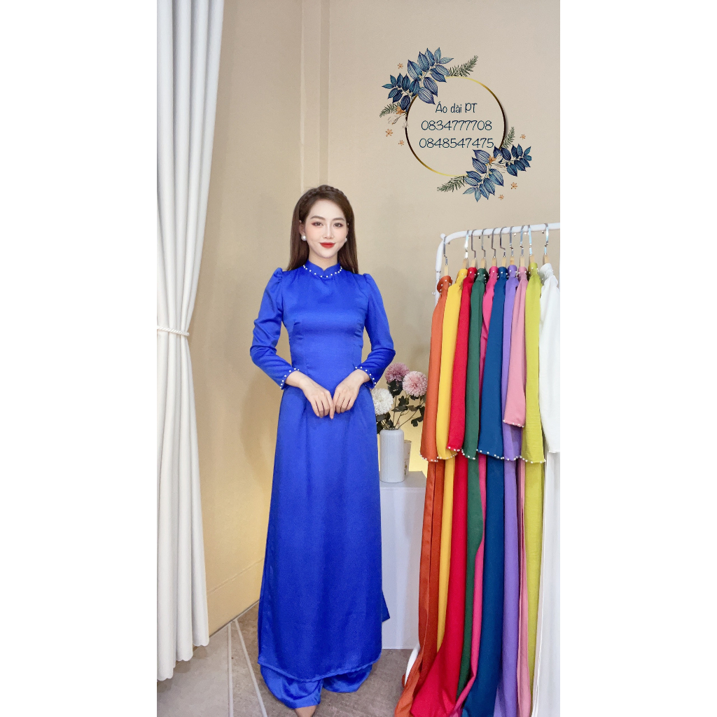 Áo dài trơn tay bồng cổ đứng màu xanh cô ban