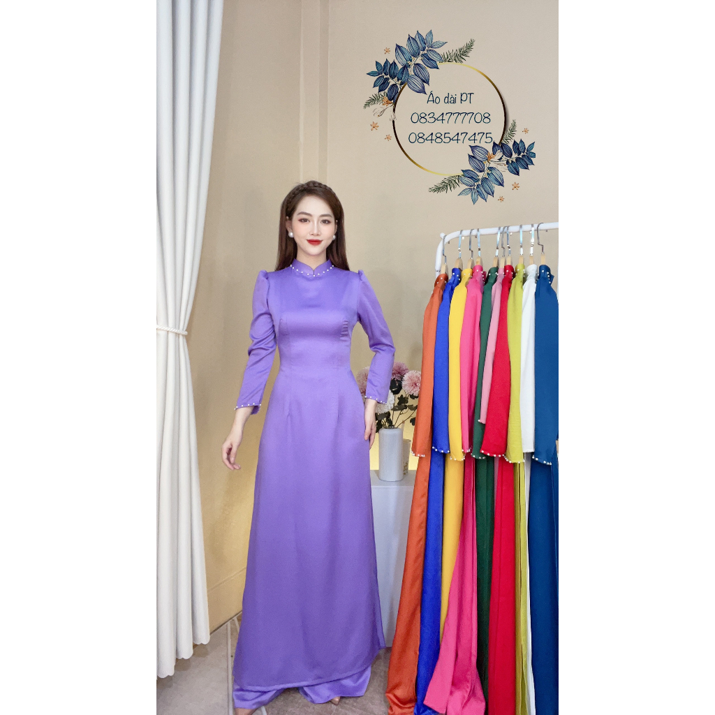 Áo dài trơn tay bồng cổ đứng màu xanh cô ban