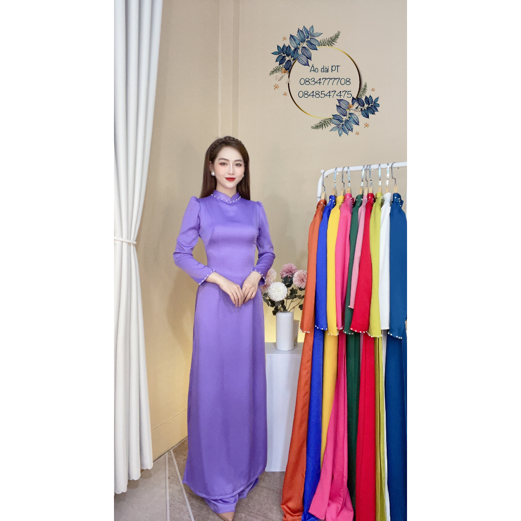 Áo dài trơn tay bồng cổ đứng màu xanh cô ban