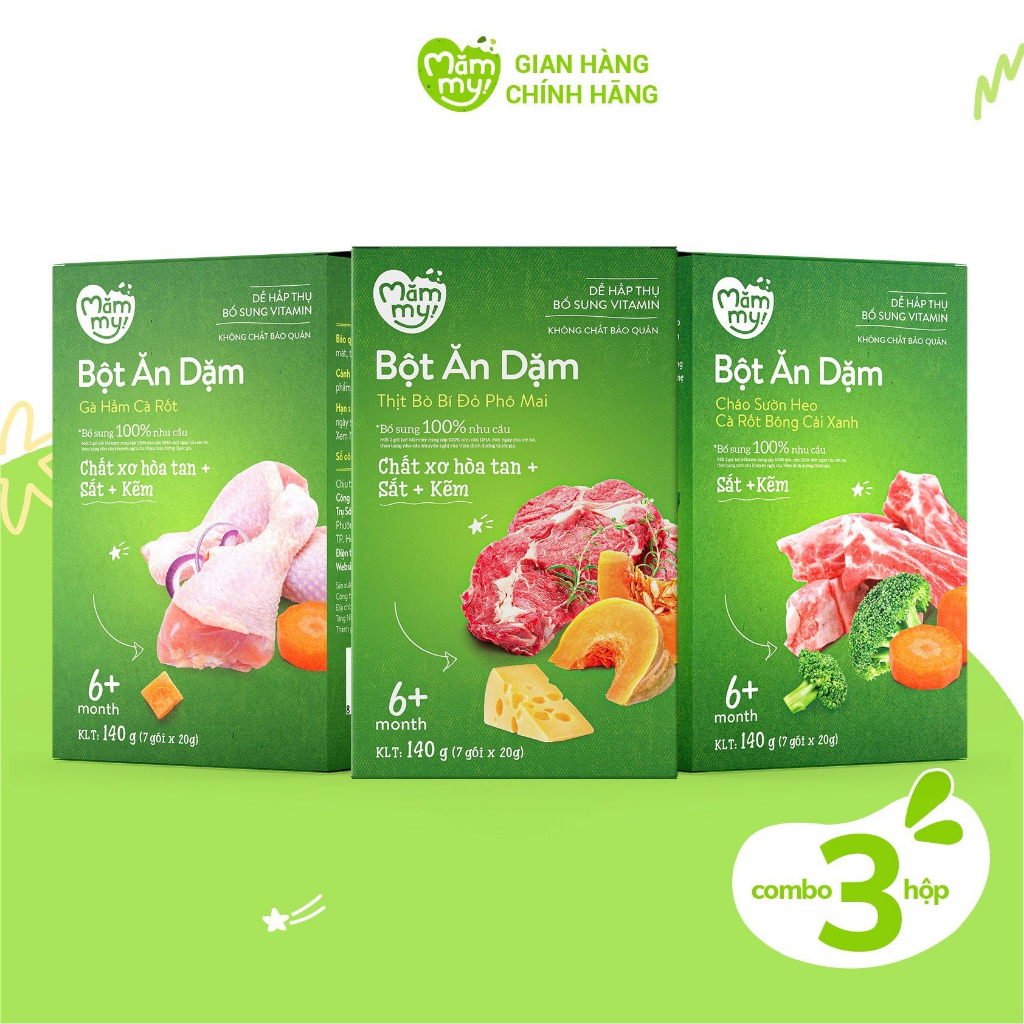 Combo 3 hộp bột ăn dặm Mămmy đổi vị cho bé từ 6 tháng tuổi: bột thịt bò bí đỏ, bột gà hầm cà rốt, bột sườn non 140g