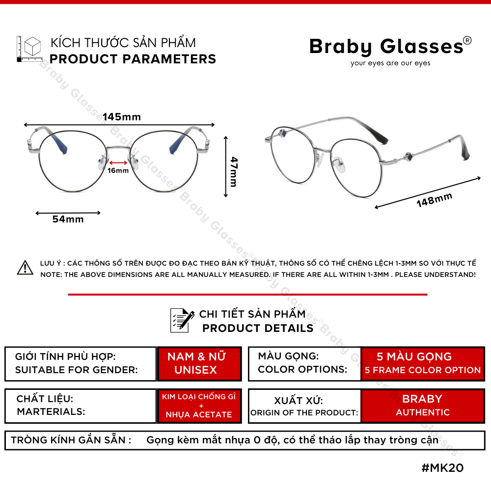 Gọng kính cận kim loại mắt tròn oval Braby Glasses chất liệu Titanium cao cấp kiểu dáng thanh mảnh trẻ trung MK19