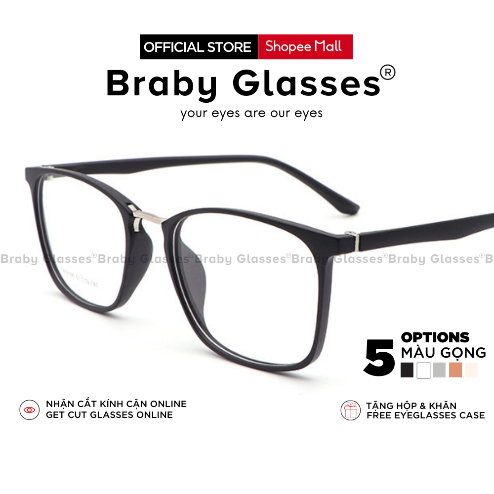 Gọng kính cận nhựa dẻo mắt vuông trong suốt Braby Glasses thiết kế cầu kính kim loại mới lạ ấn tượng MK30