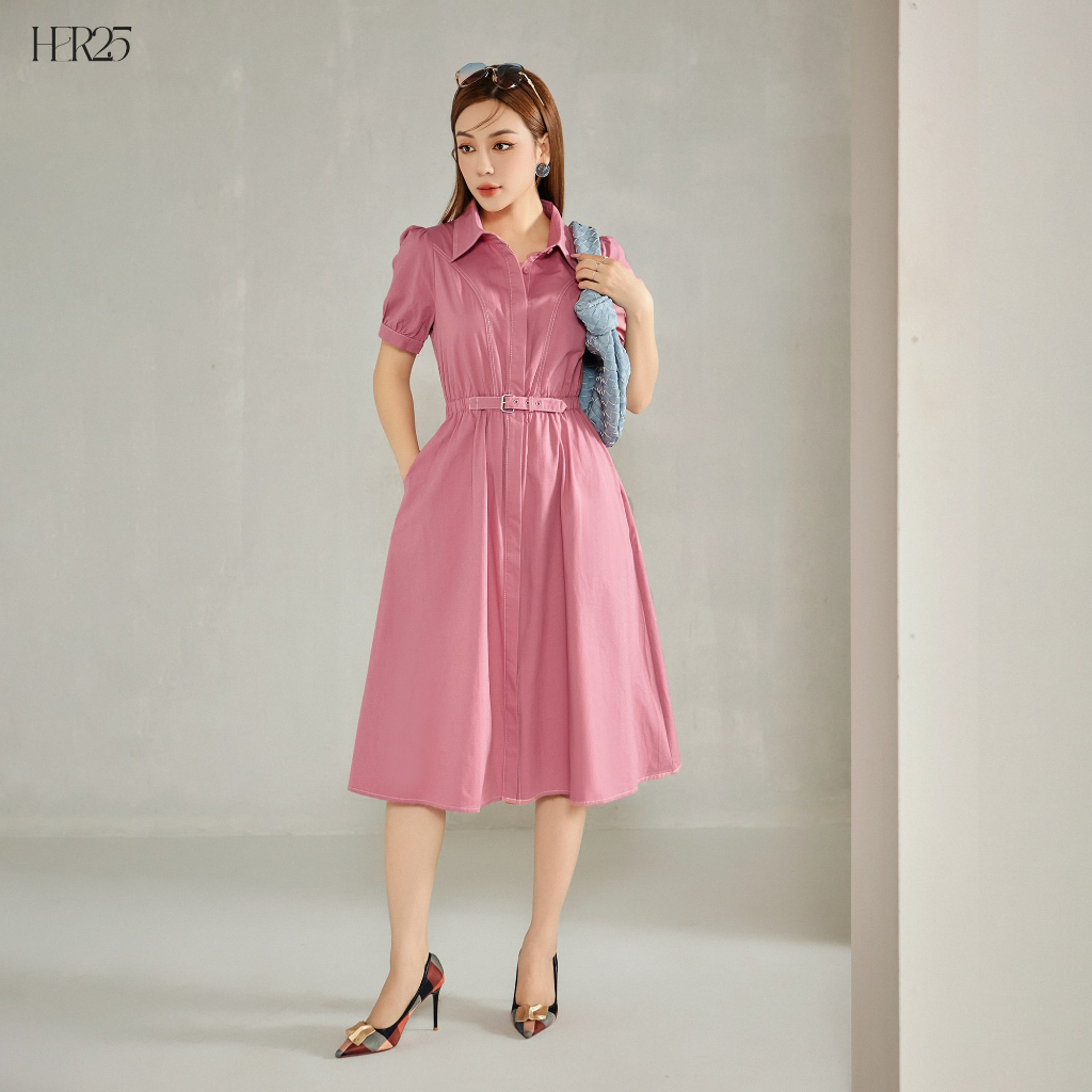 Váy liền nữ Her25 váy kaki cổ sơmi tay bồng nhẹ dáng A