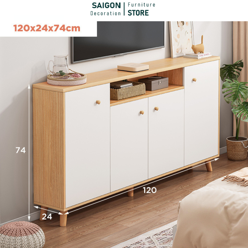 Tủ tivi phòng khách 4 ngăn tủ màu gỗ phối trắng thiết kế đơn giản decor phòng hiện đại - SGP219