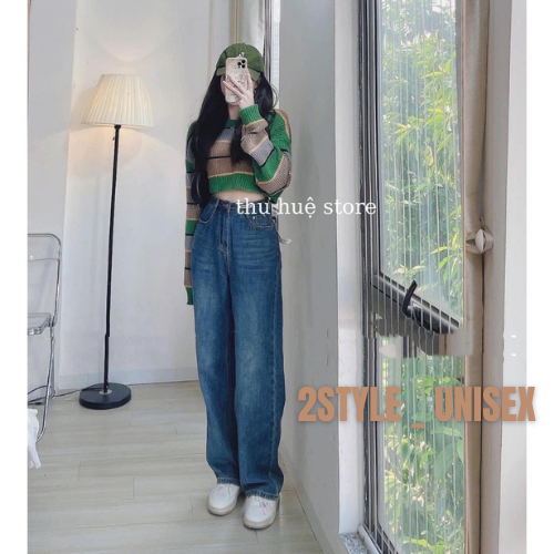 Quần jeans trơn thiết kế cạp cao ống suông/ Quần denim dáng thể thao nam nữ phong cách Hàn Quốc 2style-unisex