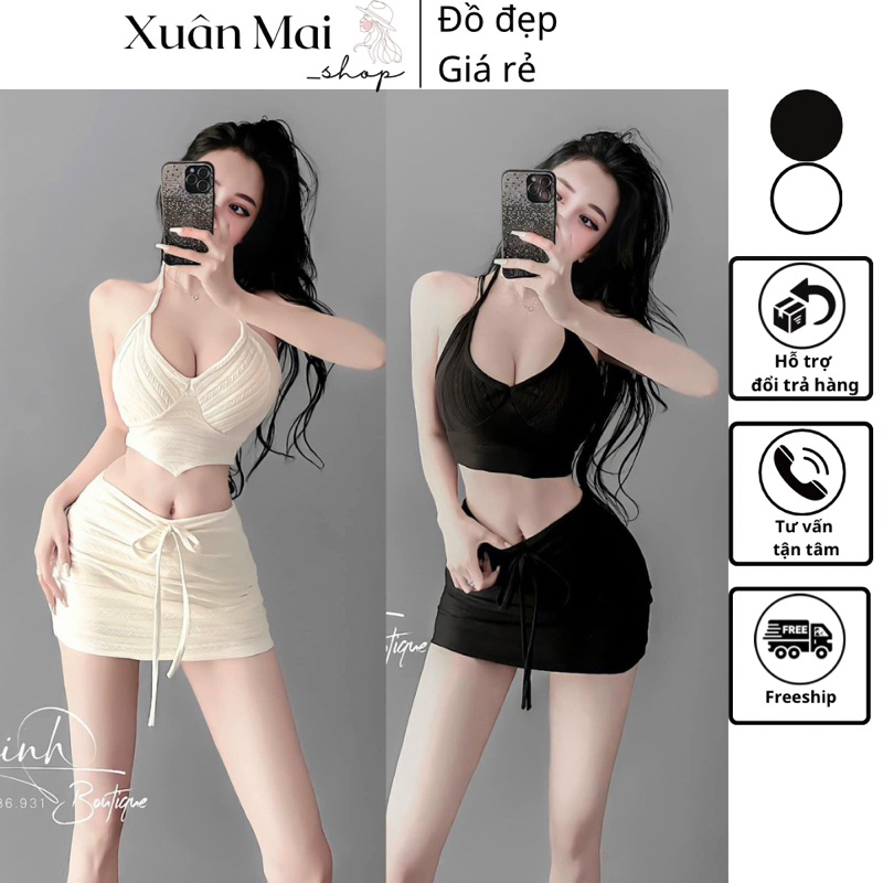 Set 2 món áo yếm cột dây + chân váy cột dây Taobao hai màu trắng đen siêu xinh