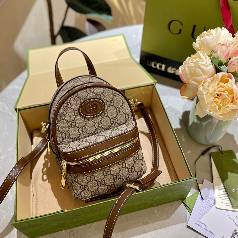 Balo nam nữ mini GC cao cấp, Balo mini đeo chéo 19cm chất da xịn viền nâu hàng Full box xanh cứng