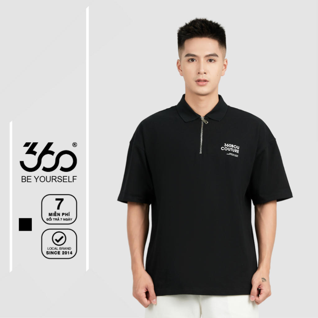 Áo polo nam màu đen khóa zip trẻ trung thương hiệu 360 Boutique chất liệu pique cao cấp - POHOL406