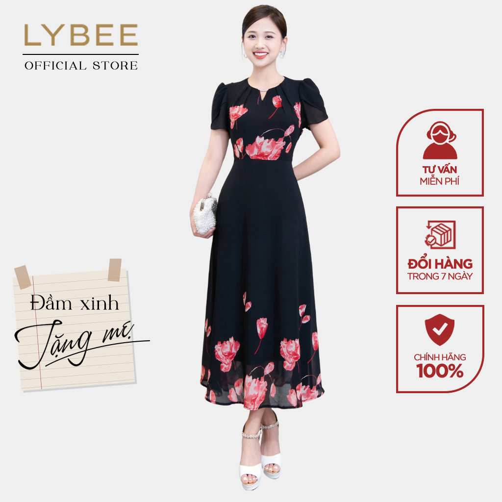 Đầm trung niên sang trọng LYBEE LVV047 chất voan tơ cao cấp thời trang cho mẹ đi chơi
