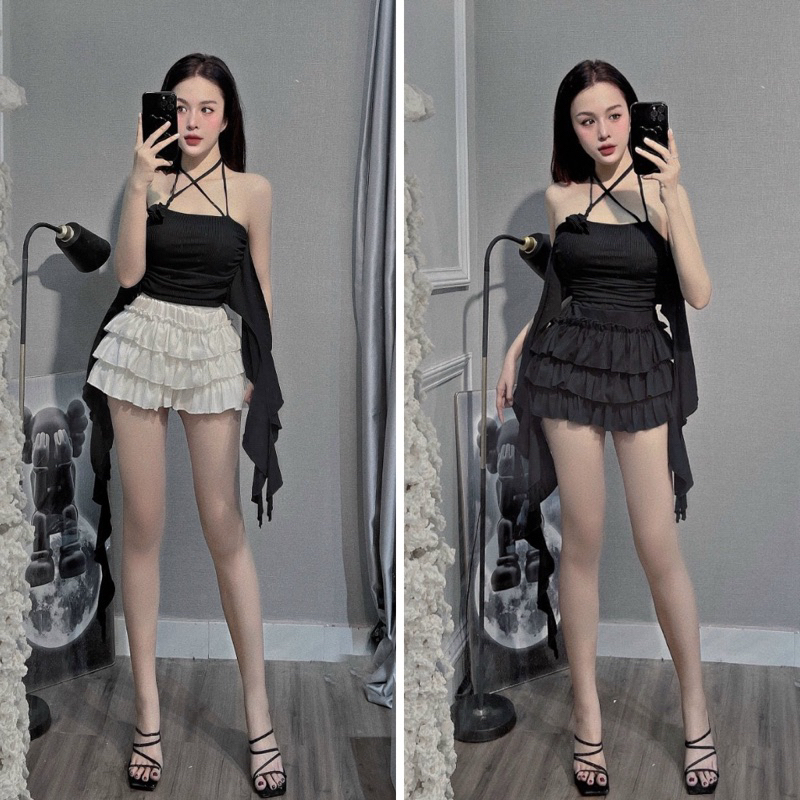 [FREESHIP - Sẵn mút] Áo yếm tầng đính hoa tua rua con mực dài cổ đính bông hoa siêu xinh hot hit