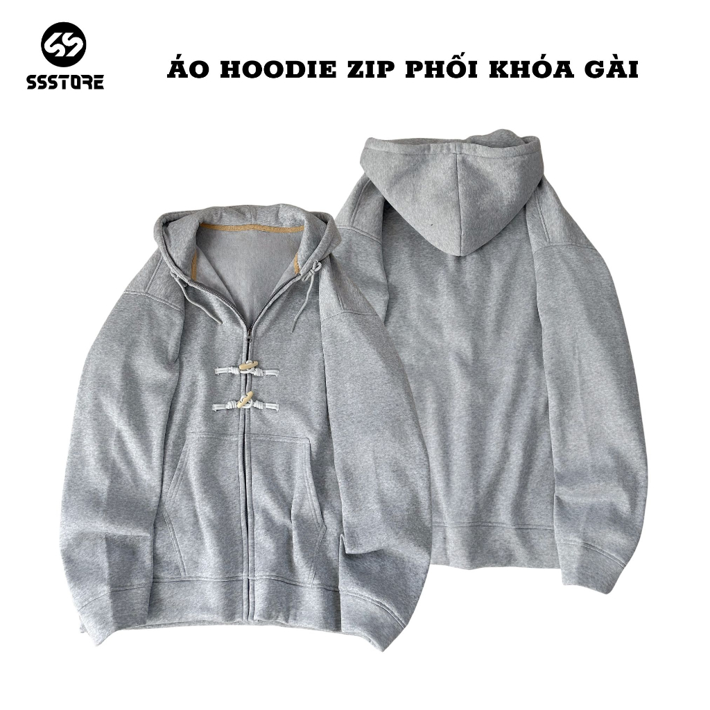 Áo Khoác Hoodie Zip phối nút gài nỉ bông dày dặn màu xám form rộng Nam Nữ_SSSTore