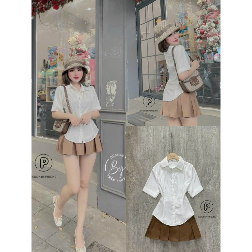 Set áo sơ mi lụa kèm chân váy xòe xếp ly có lót màu nâu sang chảnh và from ôm body, thích hợp mặc đi chơi xinh xắn