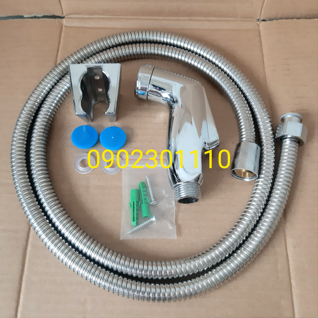 Trọn bộ vòi xịt vệ sinh, đầu vòi xịt mạ crom sáng bóng, dây cấp nước vòi xịt vỏ thân xoắn inox304, gác cài, óc vít