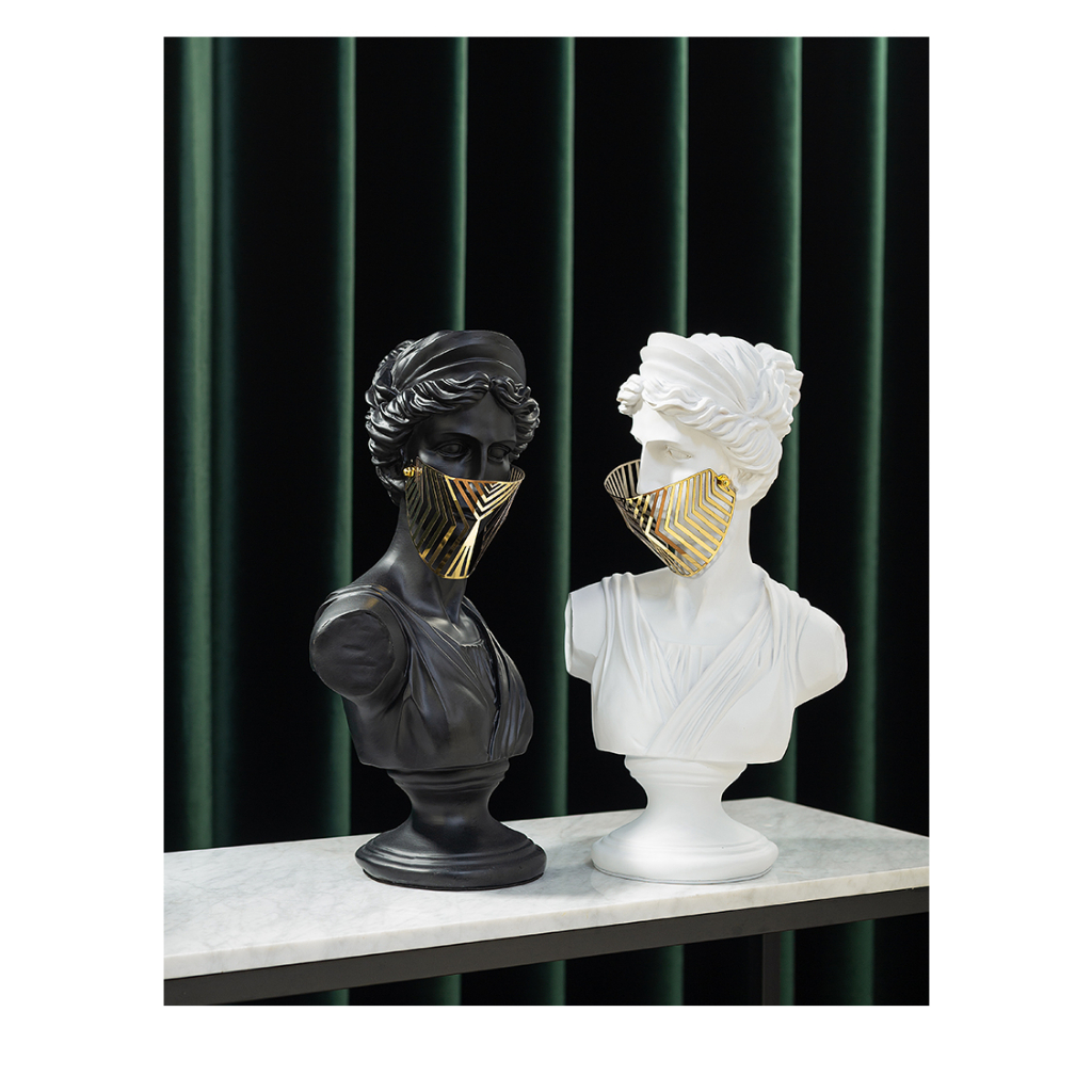 Tượng decor trang trí mô phỏng thần thoại Hy Lạp La Mã đeo mặt nạ lưới vàng - Trắng, Đen - 40cm