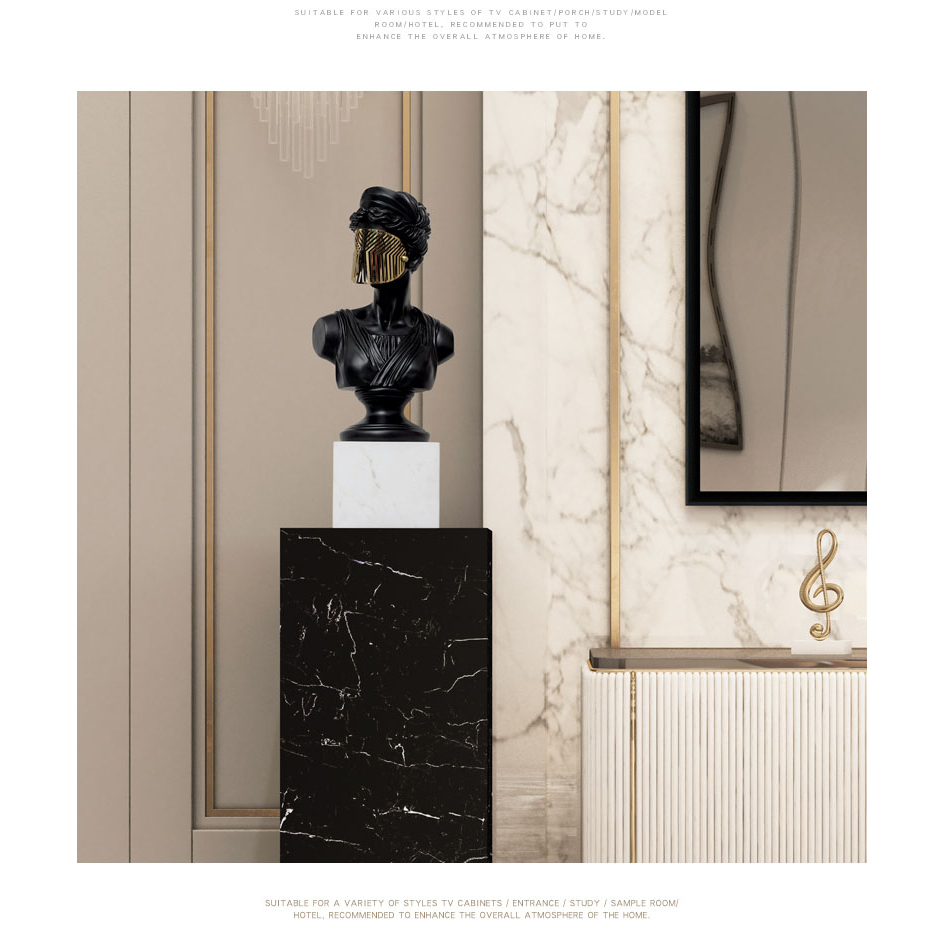 Tượng decor trang trí mô phỏng thần thoại Hy Lạp La Mã đeo mặt nạ lưới vàng - Trắng, Đen - 40cm