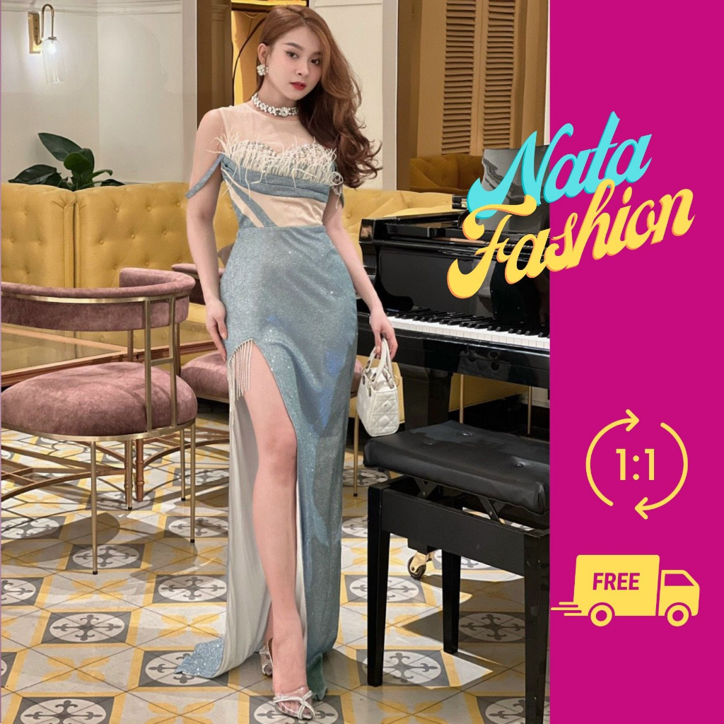 Đầm Dạ Hội Sang Trọng, Đầm Dự Tiệc Dáng Dài Xẻ Tà Kim Tuyến Kết Dây Pha Lê