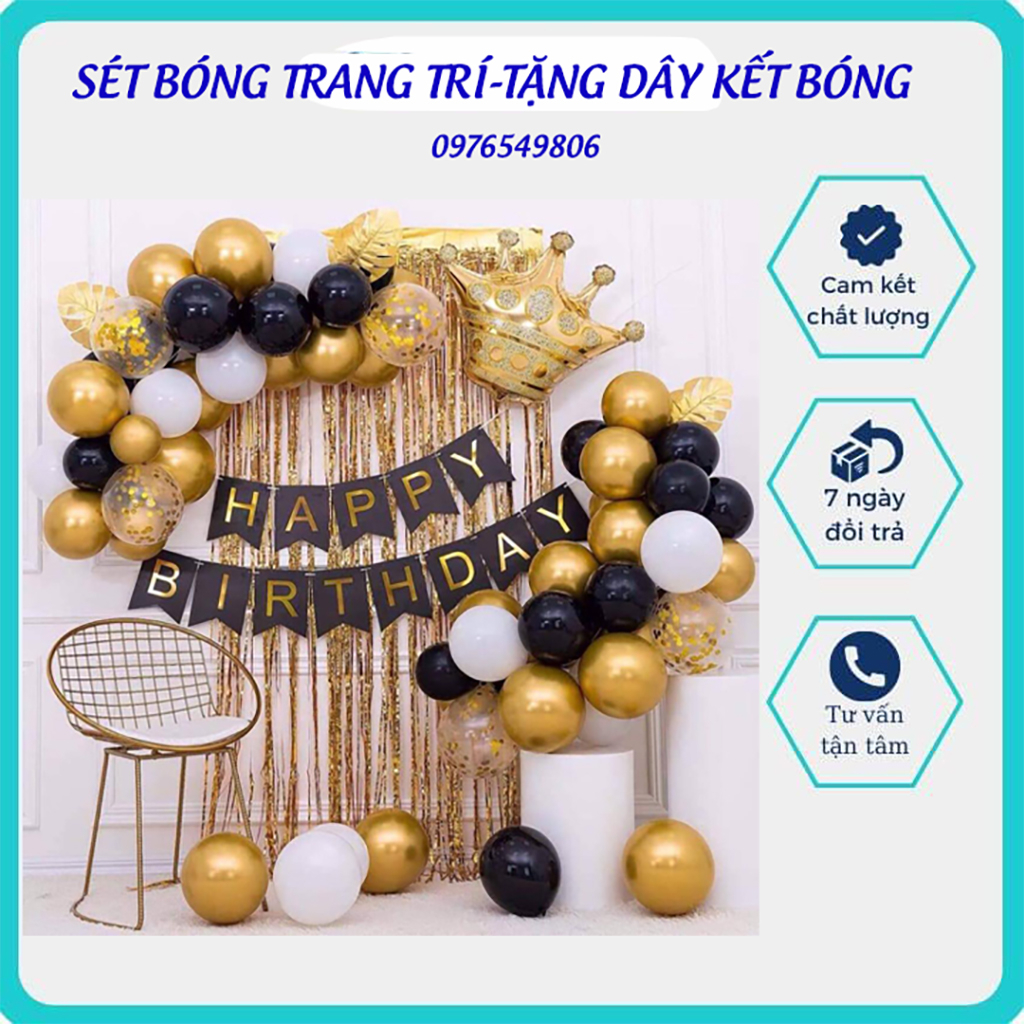 Sét bóng trang trí sinh nhật tone vàng,đen,trắng